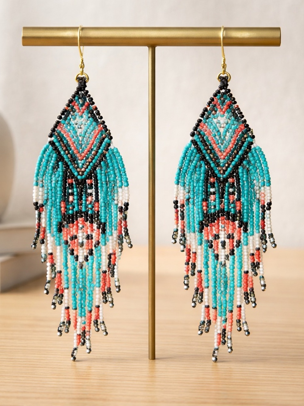 Beaded Fringe Earrings in Pink Turquoise Gold Boho Western Cowgirl Festival 5”